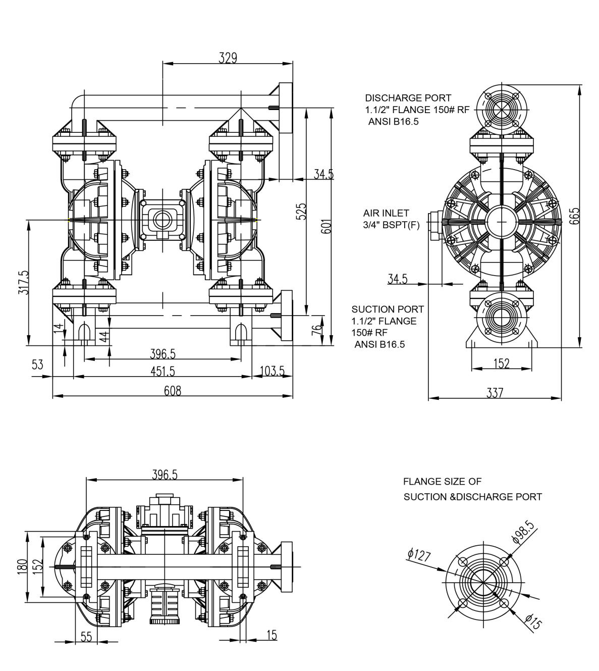 SKYLINK隔膜泵PS40塑料氣動(dòng)隔膜泵外形尺寸圖